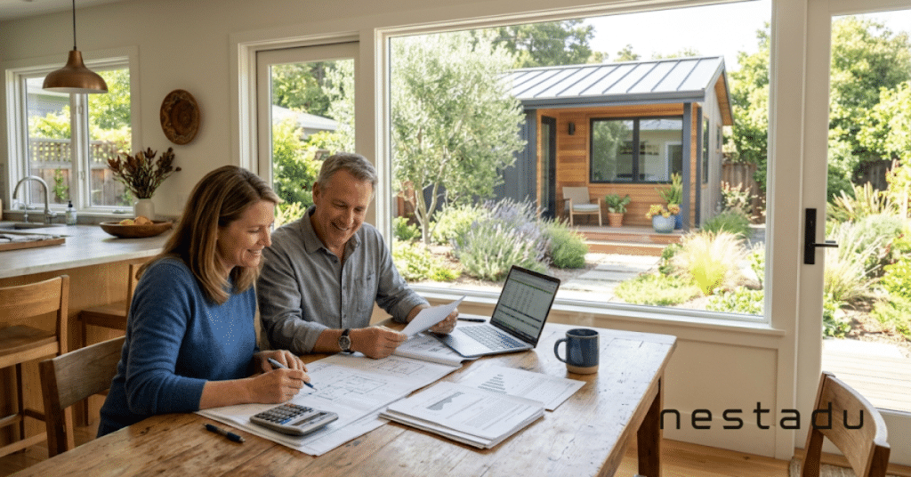 Homeowners reviewing ADU plans and financial paperwork
