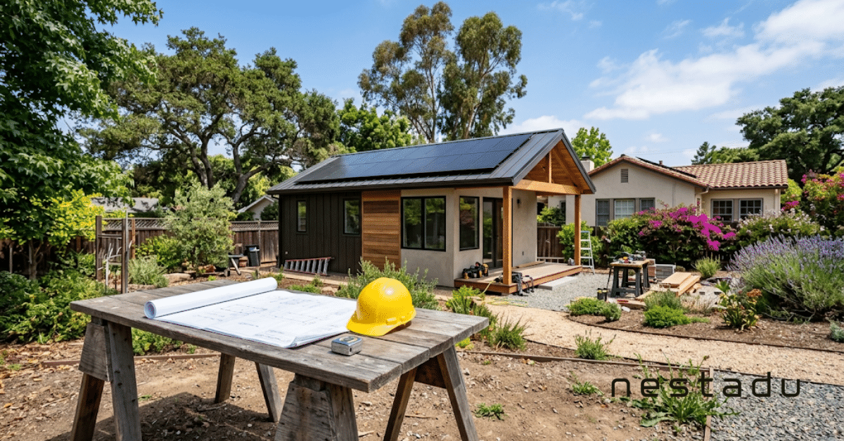Studio ADU under construction with solar panels and blueprints