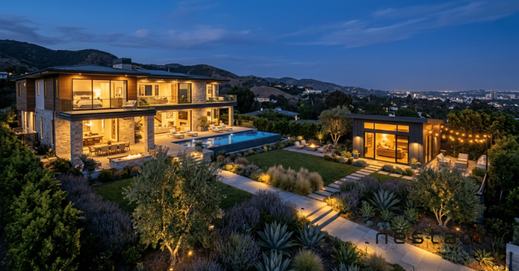 How Can an ADU Increase Property Value? 6 Upscale California home with a lit backyard ADU at dusk