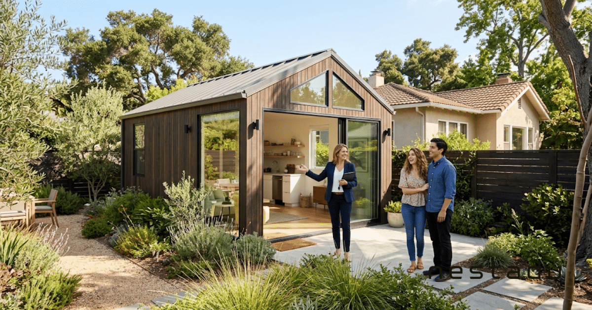 How Can an ADU Increase Property Value? 1 Real estate agent showing buyers a backyard ADU