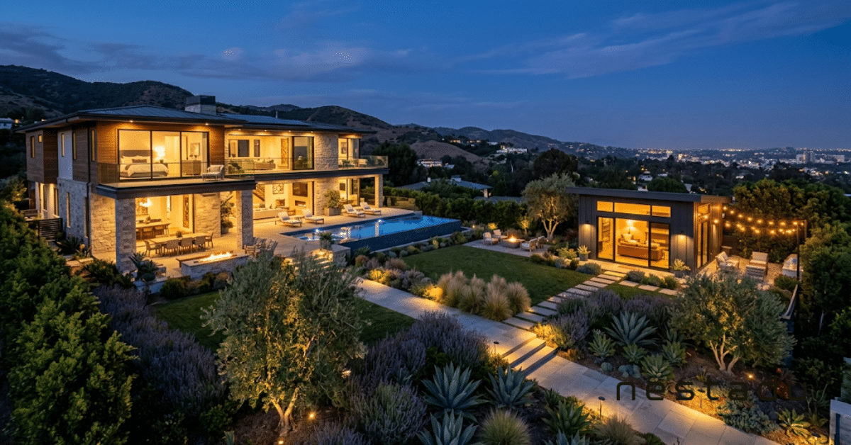 Upscale California home with a lit backyard ADU at dusk
