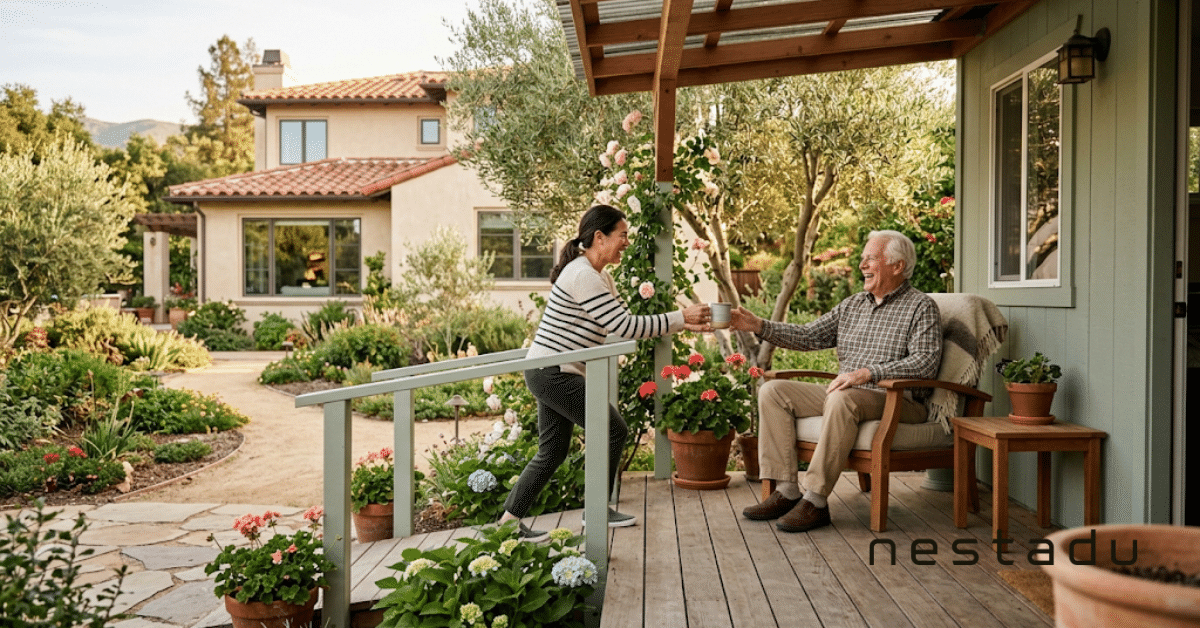 How Do ADUs Benefit Homeowners? 2 Daughter bringing tea to her elderly father on the ADU porch