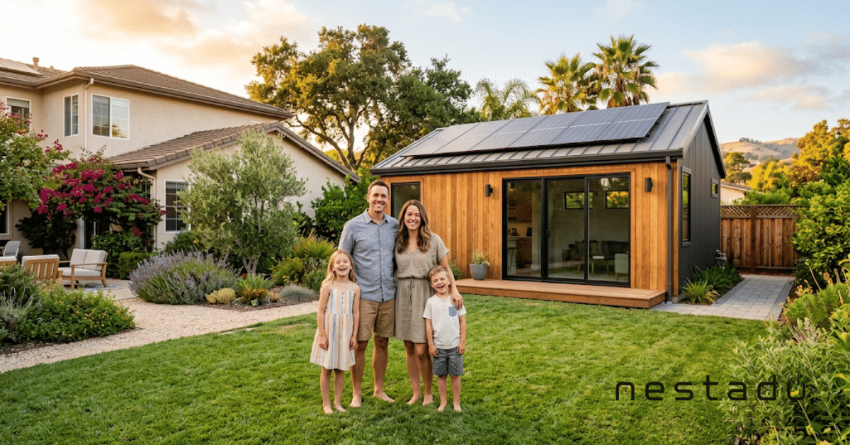 Family standing in front of their new backyard ADU