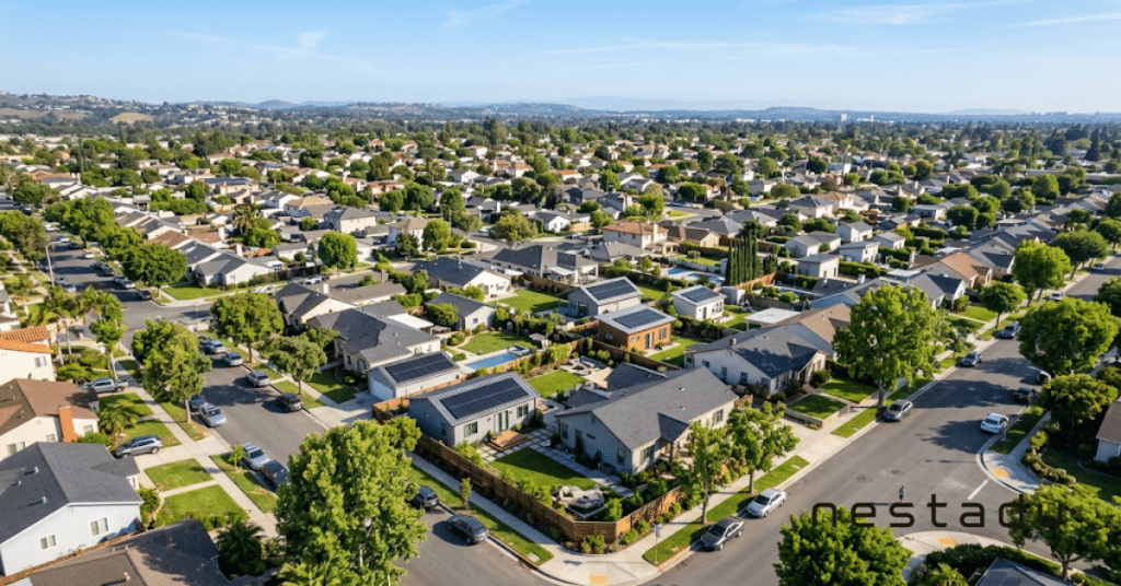 Aerial view of a California neighborhood with backyard ADUs