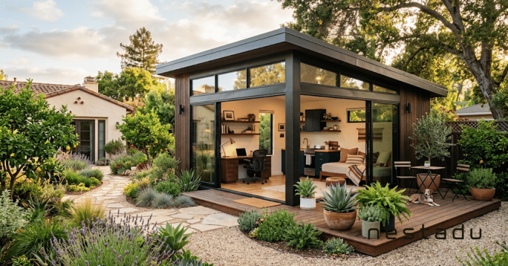 Flexible backyard ADU set up as a home office and guest space