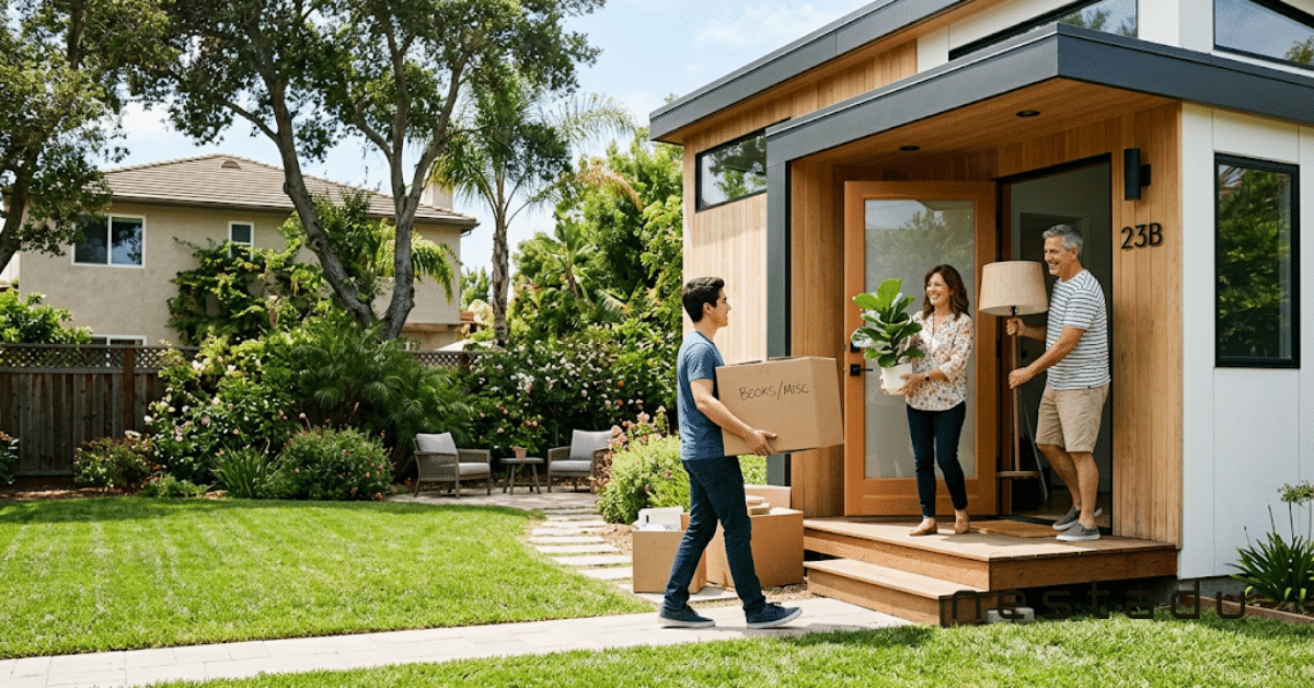 How Does an ADU Offer Flexible Living Arrangements? 1 Young adult moving into a backyard ADU, one of many flexible living arrangements