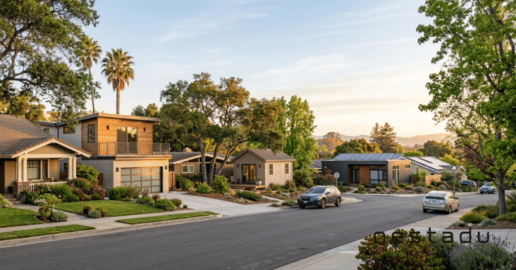 California street with new ADUs at sunrise