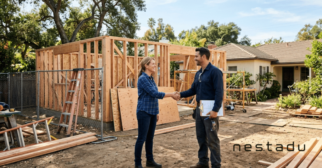 Homeowner shaking hands with a licensed ADU builder on site