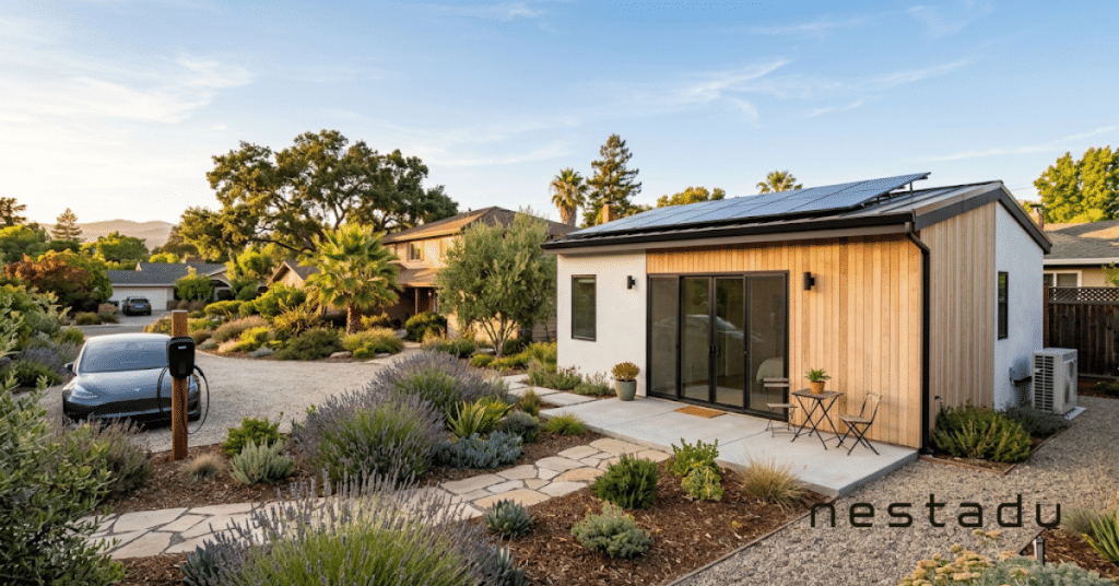 Modern California backyard ADU with solar panels and EV charger