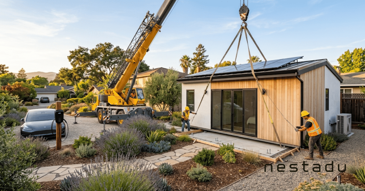 What Are the Future Trends for ADU Development in California? 1 Prefab ADU development: crane lowering a modular unit onto its foundation