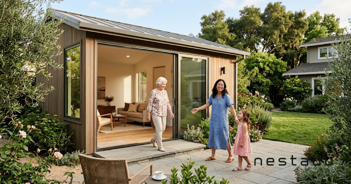 What Are the Future Trends for ADU Development in California? 2 Grandmother entering a step-free ADU to greet her family