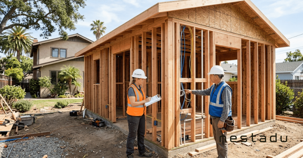 Building inspector checking ADU framing and wiring