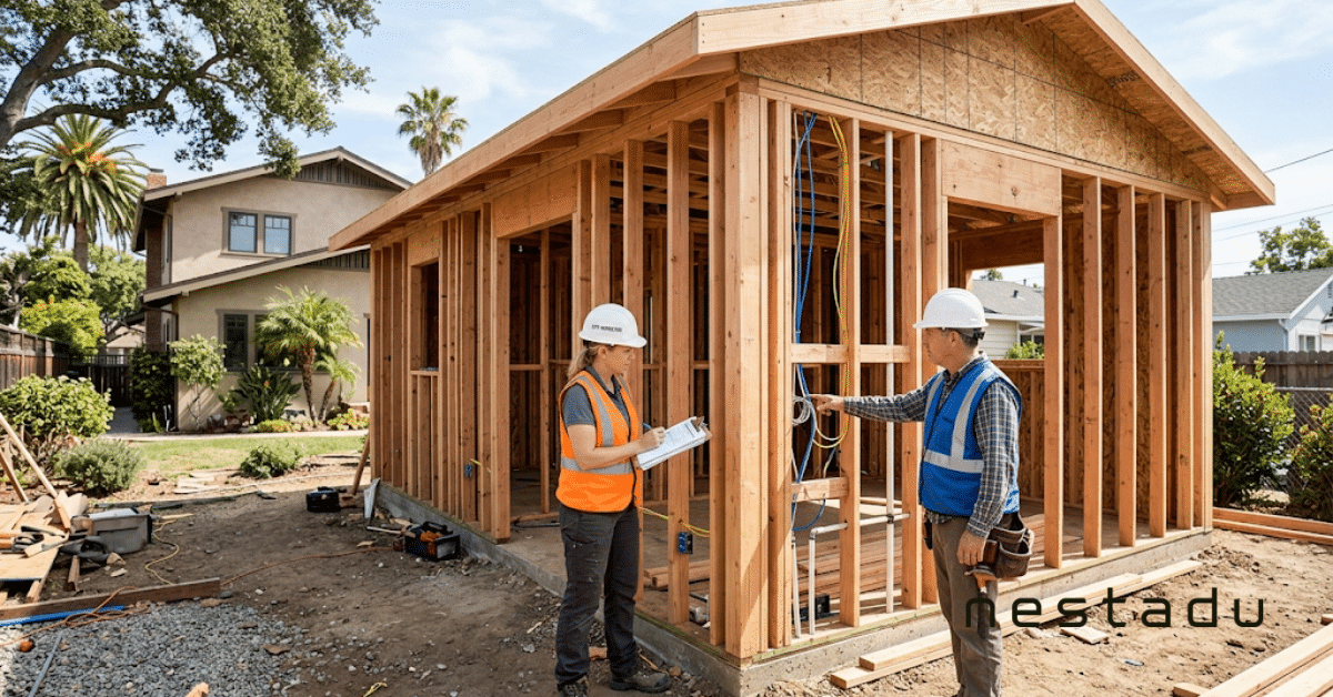 Building inspector checking ADU framing and wiring