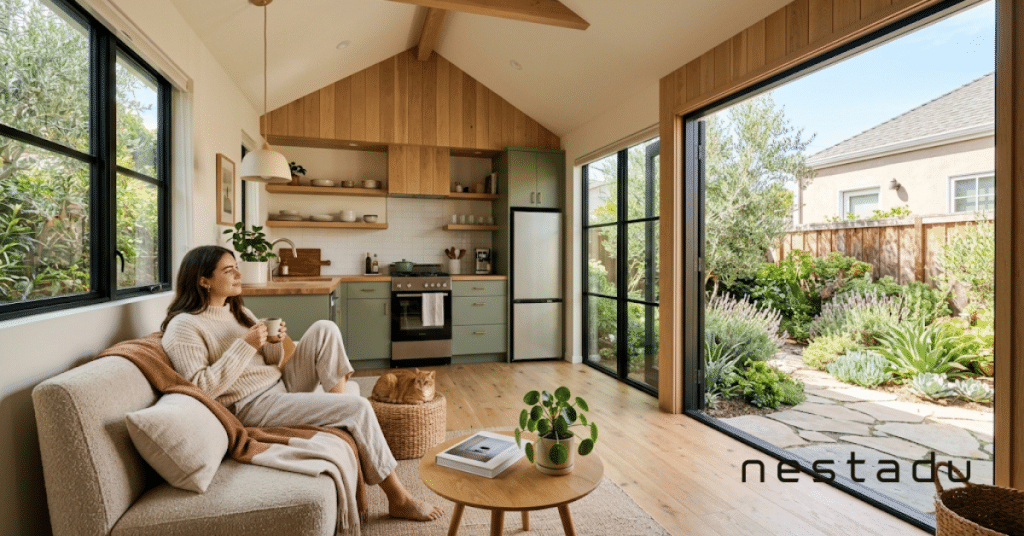 Woman relaxing in a bright, cozy ADU studio interior