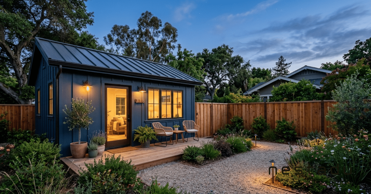 One-bedroom ADU with a patio lit at twilight
